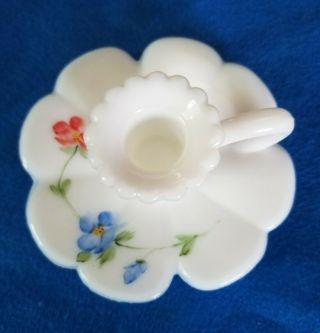 Kempler Milk Glass Hand Painted Floral Chamberstick Candle Holder