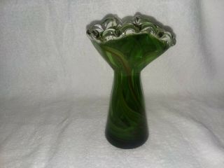 Green Hand Blown Lefton’s Exclusive Glass Vase,  Clear Scalloped Edges,  6 " Tall