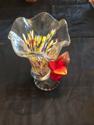 Art Glass Flower Vase Hand Blown Multi - Color 3 X 4 3/4” 2