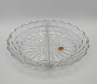 Vintage Fostoria American Cubist Pattern Clear Glass Large Oval Divided Dish