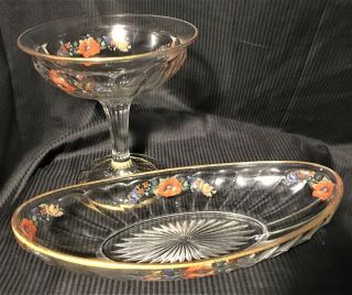 Vintage (1920s) Imperial Glass Ohio Matching Pair Compote & Oval Dish Iron Cross