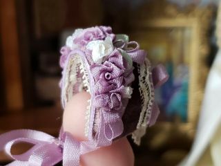 Dollhouse Miniature Artisan Antique Style Ladies Purple Ribbon Bonnet Hat 1:12