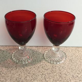 Set 2 Vintage Anchor Hocking " Bubble " Ruby Red Wine Water Glasses 8 Oz Exvc