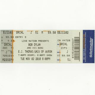 Bob Dylan Full Concert Ticket Stub Akron Ohio 11/2/10 Ej Thomas Hall Uoa Rare