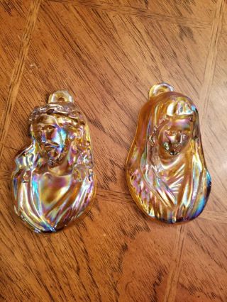 Vintage Marigold Iridescent Carnival Glass Wall Hanging Mary And Jesus