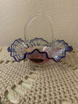 Vintage Murano Art Glass Blue Edge With Pink Decorated Baskets Candy Dish