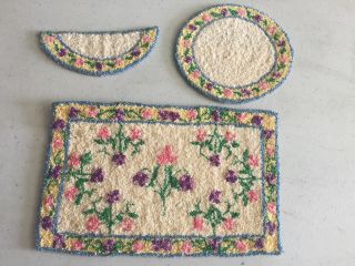 Vintage Set Of 3 Dollhouse Miniatures Floral Area Rugs Micro Looped Textured