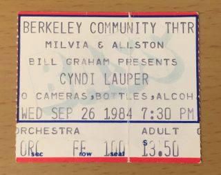 1984 Cyndi Lauper Berkeley Concert Ticket Stub She 