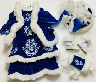 Vtg Blue Velour Dress Clothes For 18” Dolls Hat Coat Overlay Boots Faux Fur Trim
