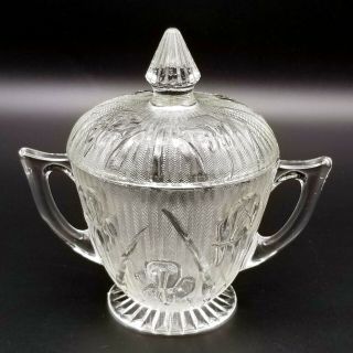 Vintage Jeannette Iris & Herringbone Clear Glass Sugar Bowl With Lid