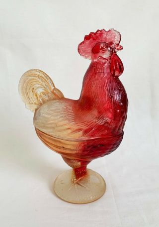 Vintage Red Glass Standing Rooster Chicken Candy Dish 9 "