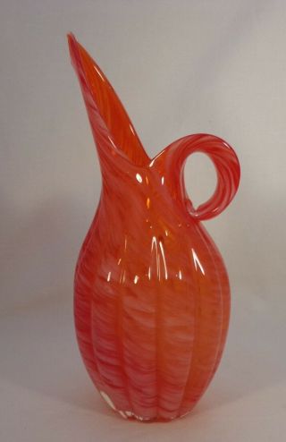 Vintage Art Glass Pitcher Orange - Red White Striped Stylized Design 7.  25 " Tall