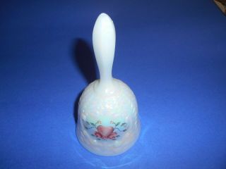 (g - 32) Fenton White Opalescent Heart & Rose Painted Bell,  Signed By Artist