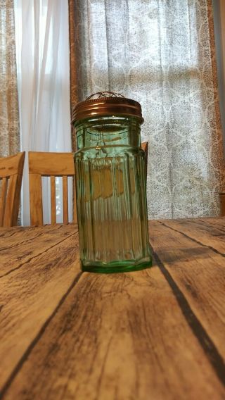 Green Depression Style Glass Jar With Metal Wire Flower Frog Lid Ribbed 6 " Vase