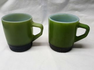 2 Vintage Anchor Hocking Fire King Milk Glass Green & Black Coffee Mugs Cups