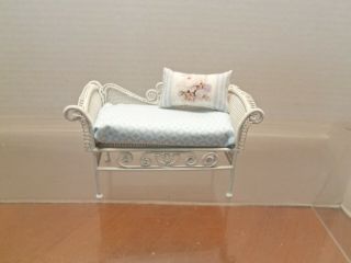 White Wire Wicker Loveseat With Blue Cushion & Artisan Pillow