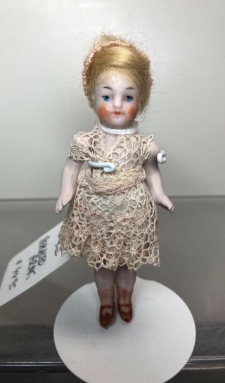 3” Antique German All Bisque Jointed Painted Face Blonde Wig Replaced Arms Sf