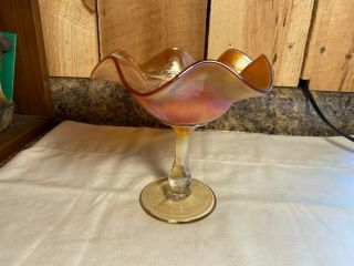 Vintage Marigold Carnival Glass Grapes & Leaves Ruffled Edge Compote Dish