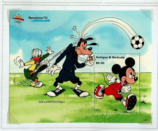 Antigua & Barbuda 1992 Spain Olympics Soccer/ Football Disney Cart.  $6 Mnh Sheet