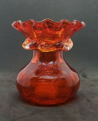 Vintage Viking Art Glass Vase Orange Red Clear Band Yellow Tip Ruffled Edge