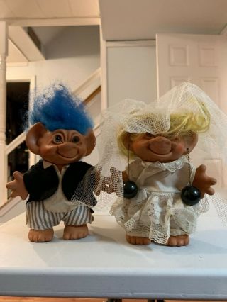 Vintage Bride And Groom Troll Dolls 80s Wedding Yellow & Blue Hair (s - 1)