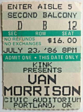 1986 Van Morrison Ticket Stub 7/23/86 - Civic Auditorium,  Portland Oregon