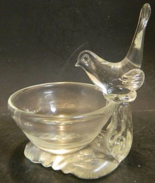 Vintage Hand Crafted Clear Glass Bird On Birdbath Bowl 5.  5 " X 3.  75 "