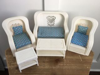 Vintage Barbie Doll Dream House White Wicker Furniture Set With Cushions 1983