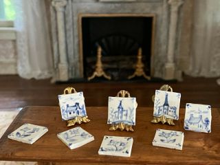 Vintage Miniature Dollhouse 8 Painted Blue White Porcelain French Kitchen Tiles