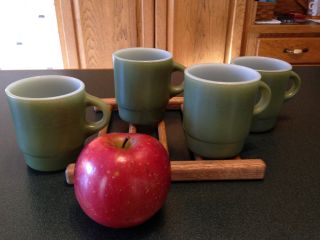 4 - Anchor Hocking Fire King Avocado Green Coffee Mugs (stackable) Vintage