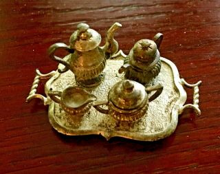 Vintage Dollhouse Miniature Silver Pewter Tea Set With Tray W.  A.  P.  W.  England Old