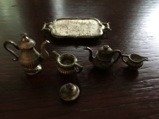 VINTAGE DOLLHOUSE MINIATURE SILVER PEWTER TEA SET WITH TRAY W.  A.  P.  W.  ENGLAND OLD 2