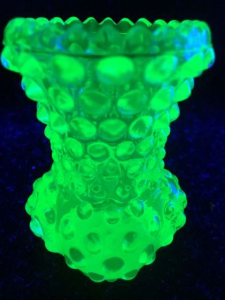 Green Vaseline Glass Flower / Bud Vase Toothpick Holder Uranium Hobnail Rose Art
