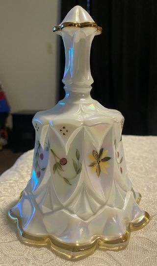 Vintage Fenton Glass Bell Hand Painted On White Satin