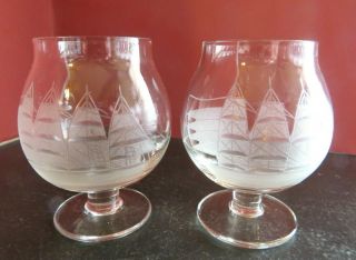 Two - 2 Clipper Toscany Etched Brandy Snifters Small 3.  5 " Bluenose Sailboat Ship