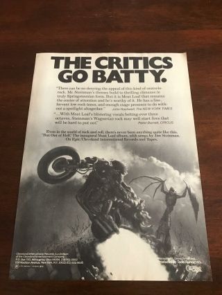 1978 Vintage 8x11 Album Promo Print Ad Meat Loaf Bat Out Of Hell " Critics Batty "