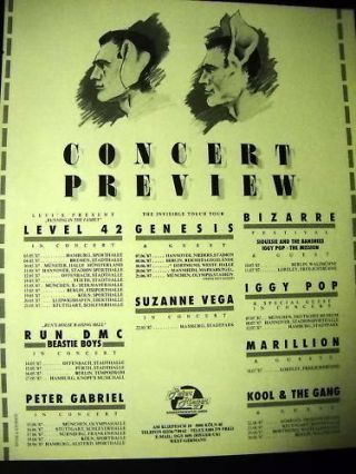 Siouxsie Iggy Pop Marillion Peter Gabriel Run Dmc 1987 Tour Date Promo Poster Ad