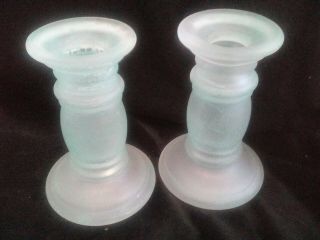 Candlesticks/candle Holders X 2,  Frosted/satin Pale Green Glass,  1950s Vintage