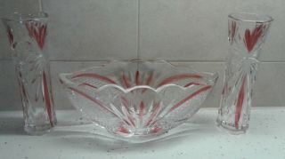 Lead Crystal Oval Clear And Red Bowl And Two Vases