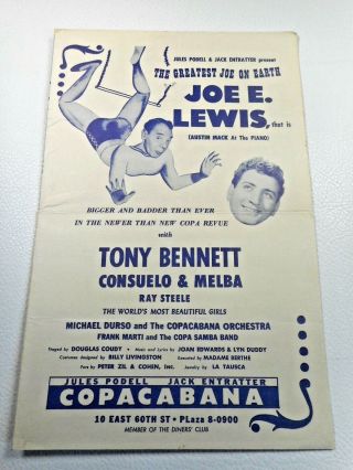 C 1950s Tony Bennett Copacabana Club York City Mailer Promo Revue Joe Lewis