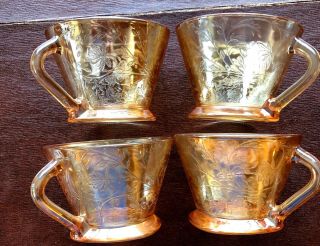 Punch Cups Carnival Glass Set Of 4,  Amber Iridescent,  Vintage 4.  5” High.  (b1)
