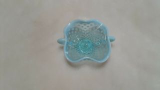 Vintage Fenton Art Glass Blue Opalescent Hobnail Candy Dish With Handles