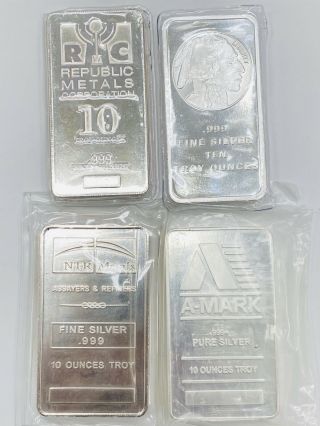 4 X 10 Oz Silver Bars Rmc A - Mark Ntr Metals Buffalo Indian 40 Ounces 999