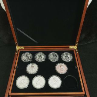 Queen’s Beast 2 Oz Silver Coin Set & Wooden Presentation Box 9 Coins & Box