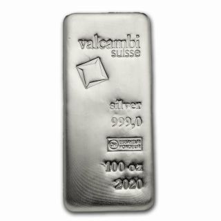 100 Oz Silver Bar - Valcambi (2020,  Cast - Poured)