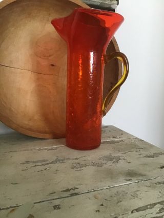 Crackle Glass Amberina Vintage Pitcher Applied Handle Orange & Yellow 11.  5”