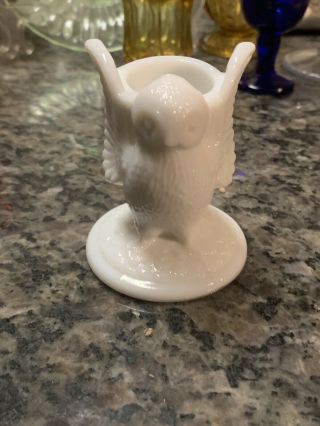 Vintage Westmoreland Milk Glass Owl Figurine Toothpick Holder Has Sticker. 3