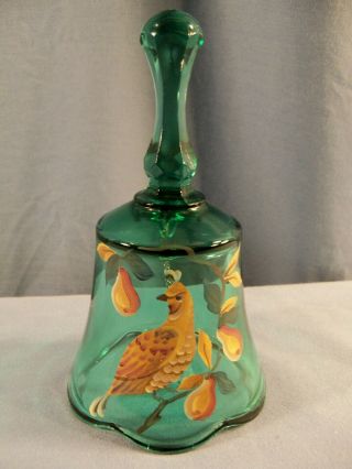 Fenton Hand Painted Green Glass Bell - Gold Partridge & Pear Tree Design