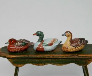 3 Vintage Hand Painted Duck Decoys Dollhouse Miniature 1:12
