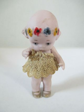 Antique German Bisque Little Girl Doll With Jointed Arms,  Lace Dress And Flowers
